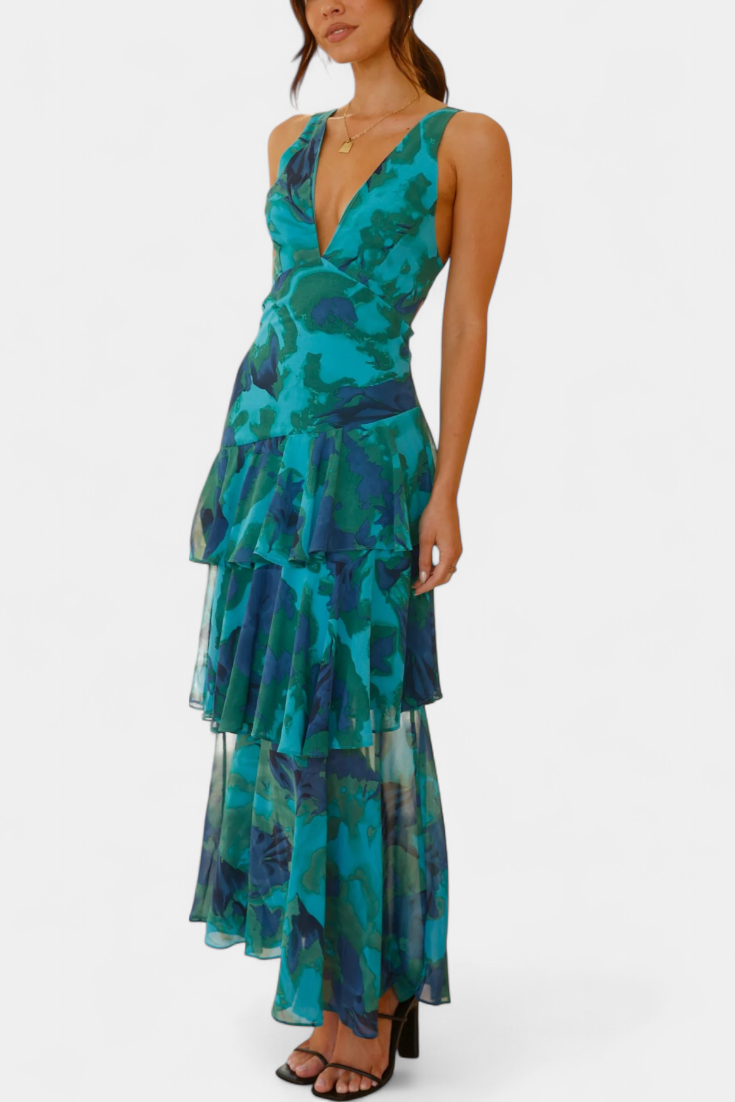 Domenica Vestido de Gasa con Escote en V y Capas Fluidas
